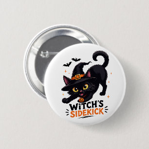Söt Häxas Medhjälpare Svart Katt Halloween Knapp