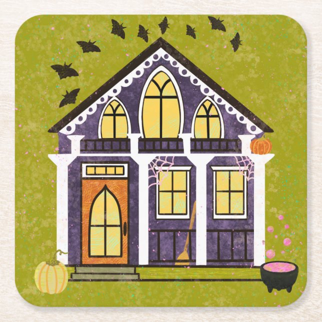 Söt Häxig Spökig Halloween-stuga  Underlägg Papper Kvadrat (Framsidan)