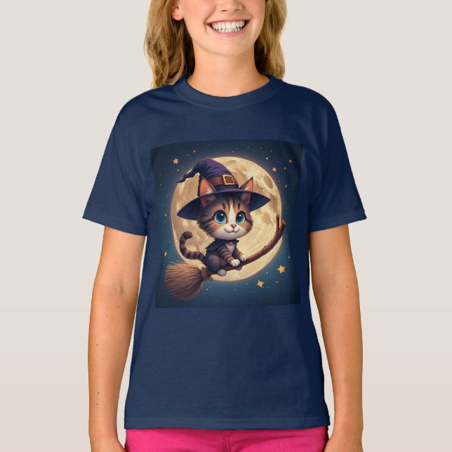 Söt häxkat under stjärnor och fullmåne 🎃 t shirt (Framsida)
