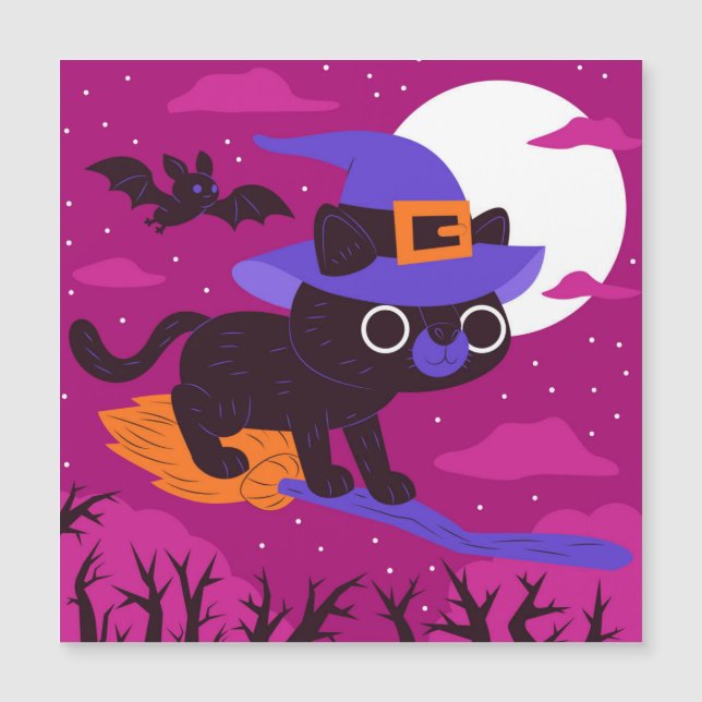 Söt Häxkatt som Flyger på Kvast Halloween Kawaii (Framsida)