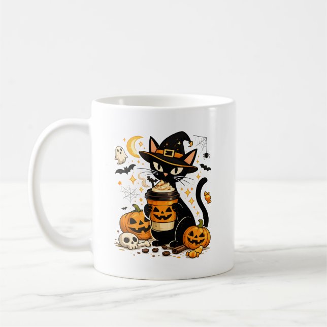 Söt Häxkatts Pumpa Kryddat Latte Halloween Kaffemugg (Vänster)