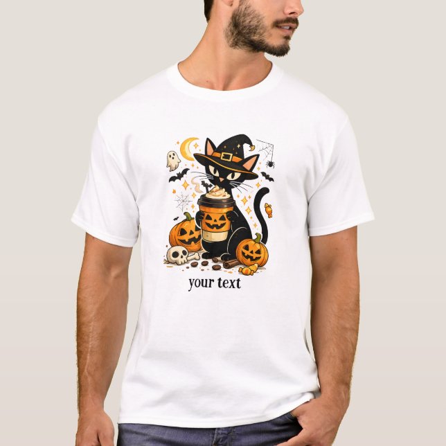 Söt Häxkatts Pumpa Kryddat Latte Halloween T Shirt (Framsida)