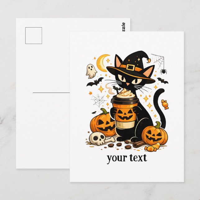 Söt Häxkatts Pumpa Kryddat Latte Halloween Vykort (Fram/baksida)