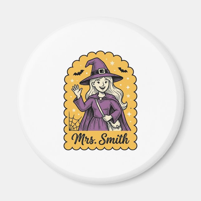 Söt Häxlärare Mrs Smith Vintage Halloween Des Magnet (Framsidan)