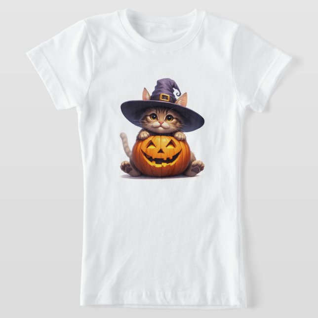 Söt häxunge hållande Jack O Lantern 🎃 T Shirt (Laydown)
