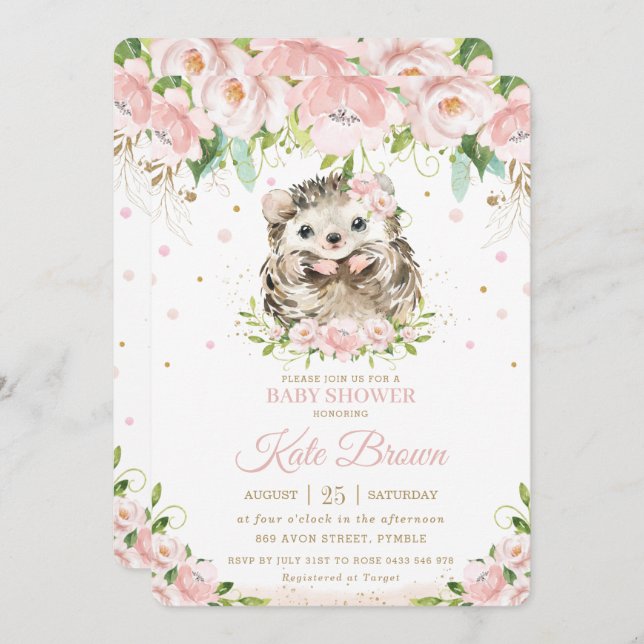 Söt Hedgehog  Rosa Blommigt Guld Babyskåda Inbjudningar (Fram/baksida)