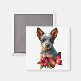 Söt Heeler-valp med fjäril och blomma Magnet