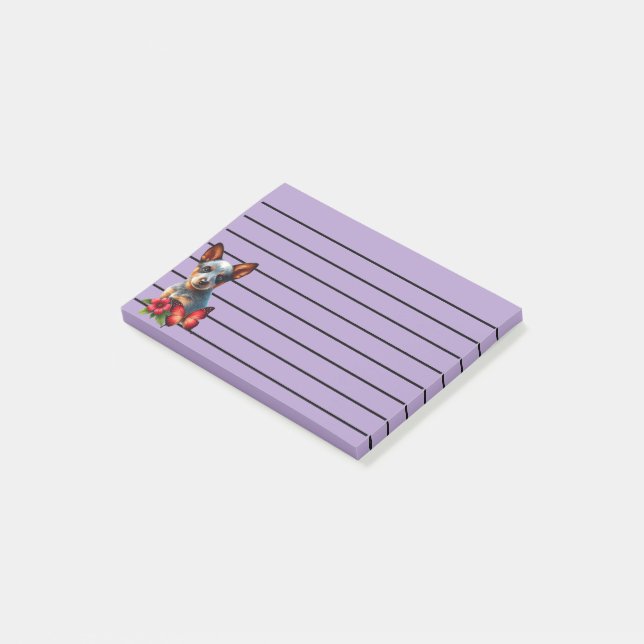 Söt Heeler-valp med fjäril och blomma  Post-it Block (Vinklad)