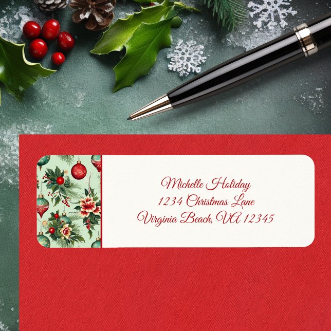 Söt Helgdag Ornament, Blommigt jul Adress Returadress Etikett (Pretty Holiday Ornaments, Floral Christmas Address Label)