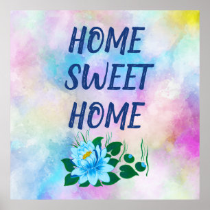 Söt hem, vackra blå blommor, vattenfärg poster