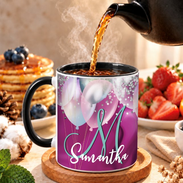 Söt het rosa falsk silver glitter ballongmonogram mugg (Skapare uppladdad)