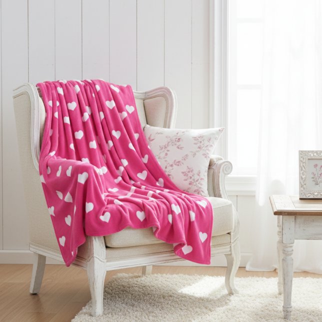 Söt het rosa med vita hjärtan  fleecefilt (Cute Hot Pink with White Hearts Fleece Blanket)