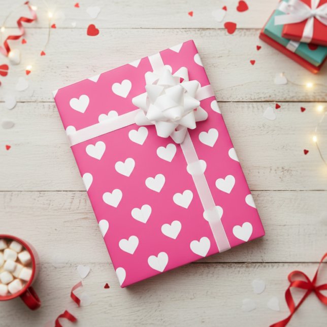 Söt het rosa och vit hjärtmönster presentpapper (Cute Hot Pink And White Heart Patterned Wrapping Paper)