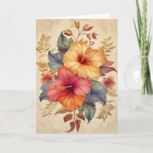 Söt Hibiscus Watercolor Illustration Hälsning Kort