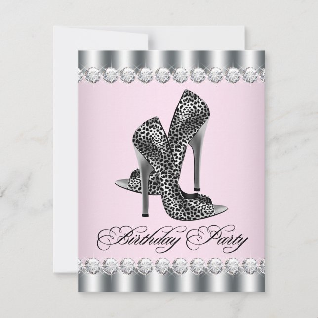 Söt High Heel Shoes Rosa Leopard Födelsedagsfest Inbjudningar (Framsida)