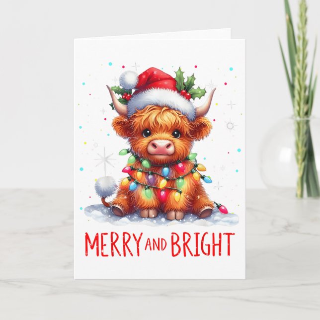 Söt Highland Bebis Ko Julbelysning Glad & Kort (Framsida)