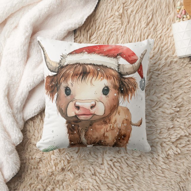 Söt Highland Cow i Santa Hat White Kudde (Filt)
