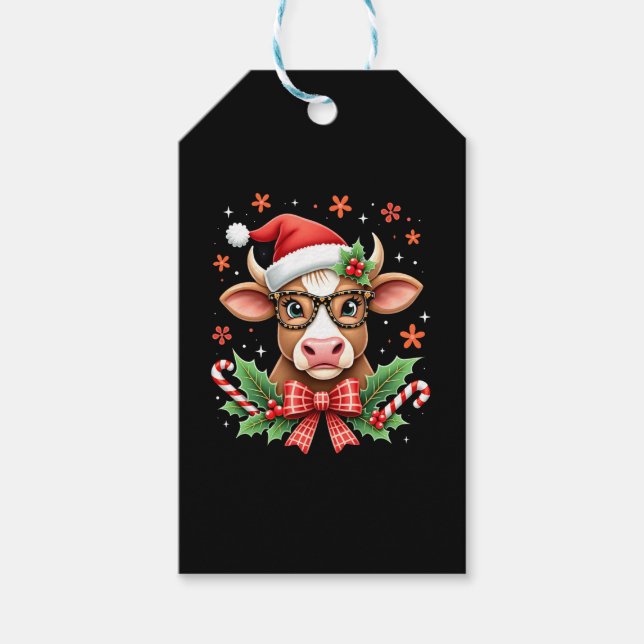 Söt Highland Ko Älskare Santa Hatt Western Jul Presentetikett (Framsidan)