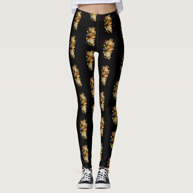 Söt Highland Ko Autism Medvetenhet Pusselbit Leggings (Framsida)