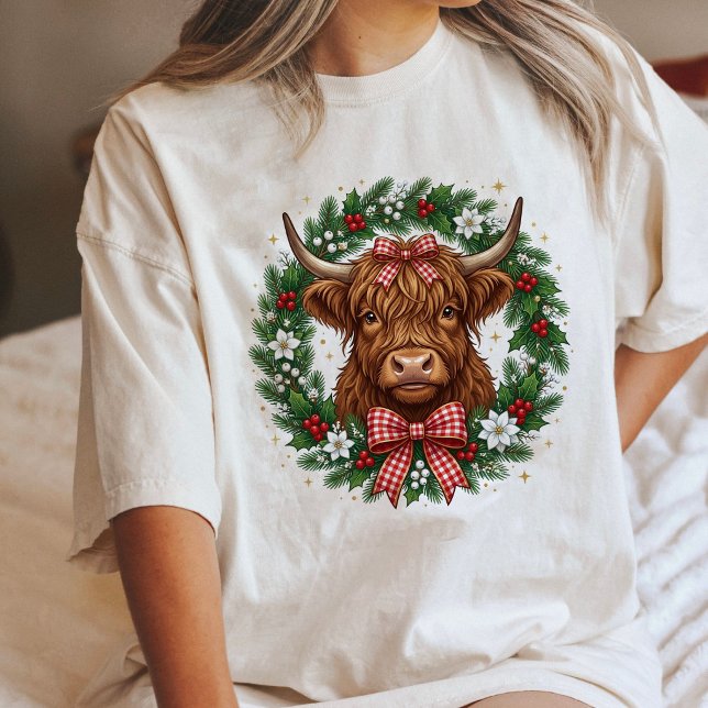 Söt Highland Ko Christmas Krans T Shirt (Skapare uppladdad)