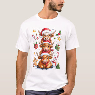 Söt Highland Ko Christmas Träd Fluffig Ko Tomte  T Shirt