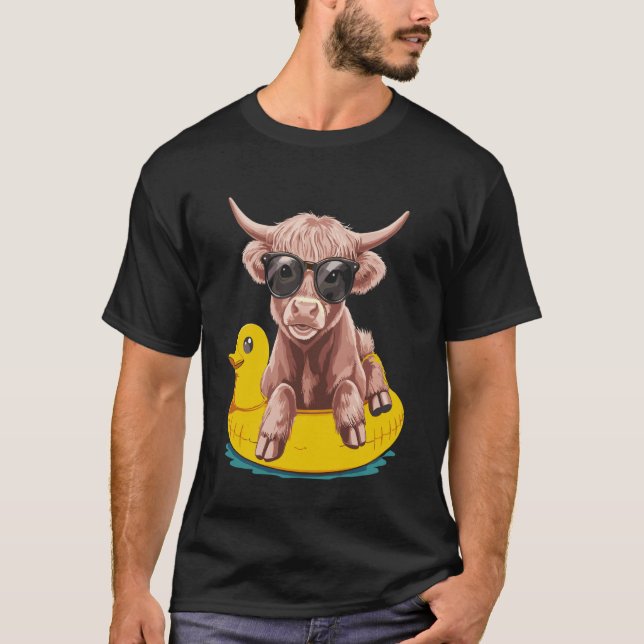 Söt Highland Ko Duck Pool Flytande Sommar T Shirt (Framsida)