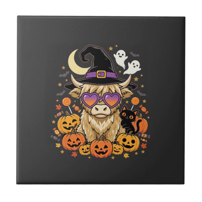 Söt Highland Ko Heks Halloween Pumpa Party Kakelplatta (Framsidan)