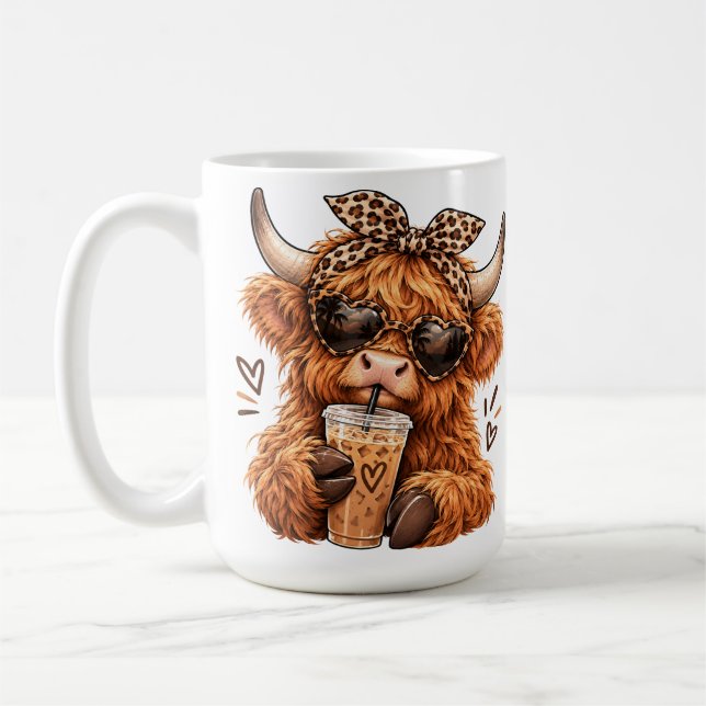 Söt Highland Ko Leopardtryck Iskaffe Älskare  Kaffemugg (Vänster)