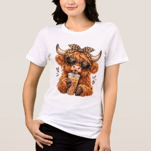 Söt Highland Ko Leopardtryck Iskaffe Älskare T Shirt