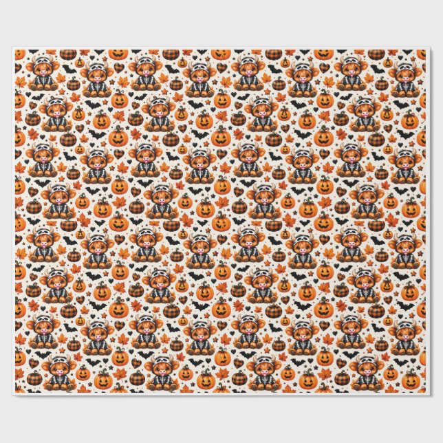 Söt Highland Ko Skelett Halloween Presentpapper (Platt)