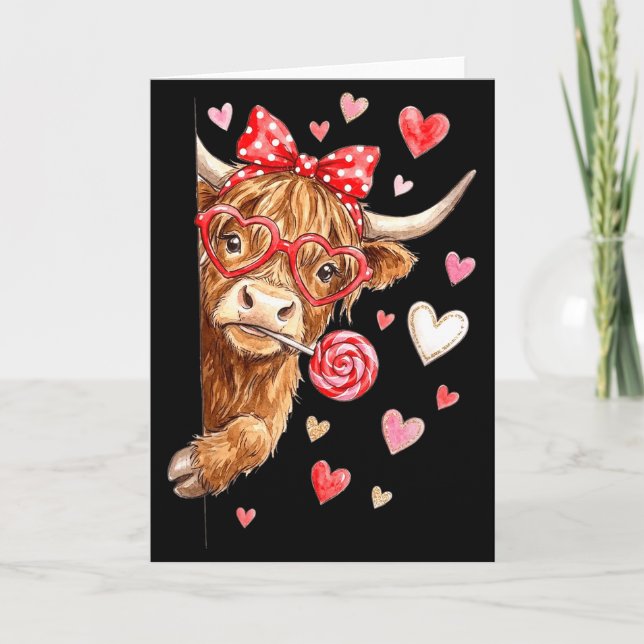 Söt Highland Ko Valentine Godis Hjärtformad Design Kort (Framsida)