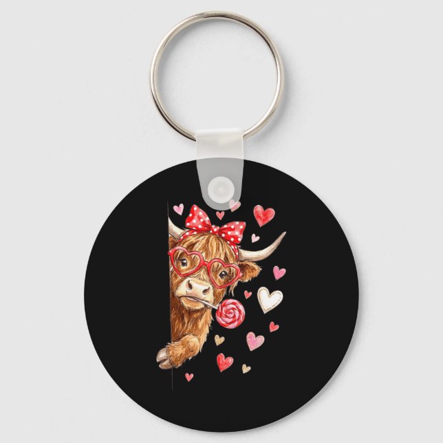 Söt Highland Ko Valentine Godis Hjärtformad Design Nyckelring (Framsida)