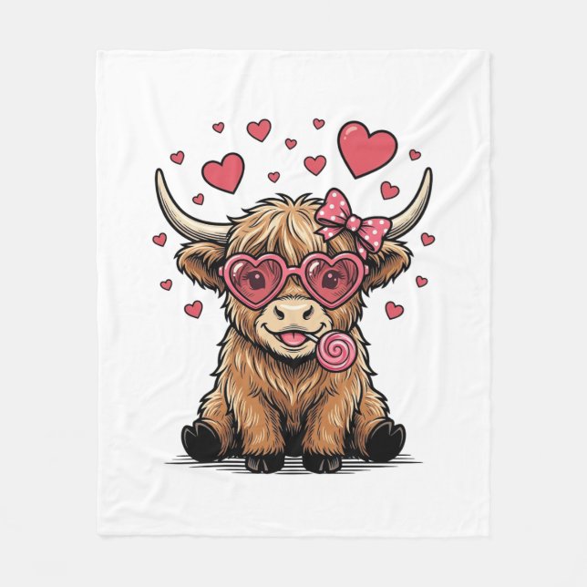 Söt Highland Ko Valentine Hjärtformade Glasögon Ve Fleecefilt (Framsidan)