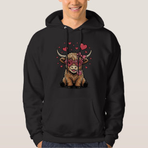 Söt Highland Ko Valentine Hjärtformade Glasögon Ve Hoodie