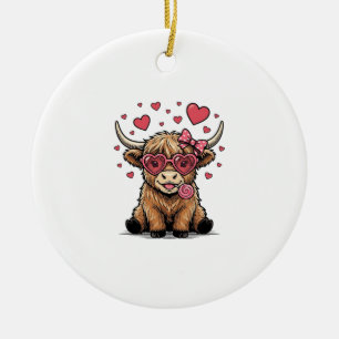 Söt Highland Ko Valentine Hjärtformade Glasögon Ve Julgransprydnad Keramik