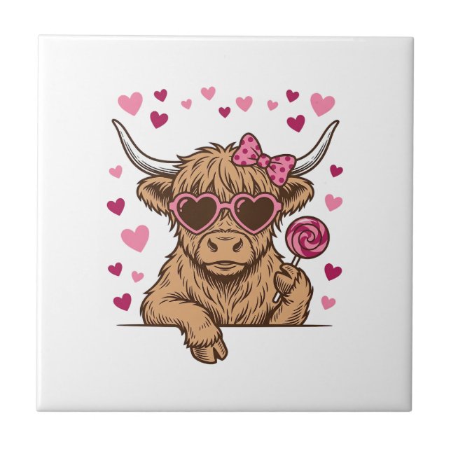 Söt Highland Ko Valentine Solglasögon Vector Desi Kakelplatta (Framsidan)