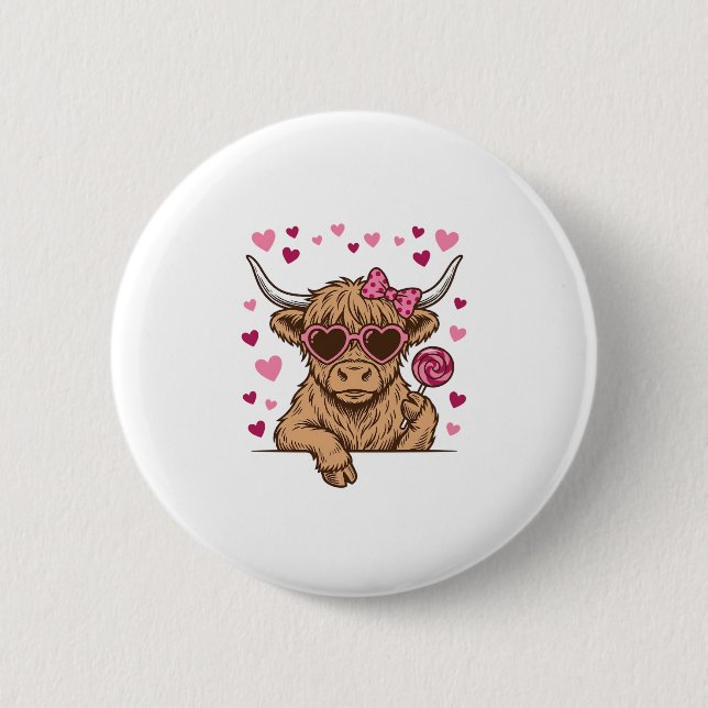 Söt Highland Ko Valentine Solglasögon Vector Desi Knapp (Framsida)
