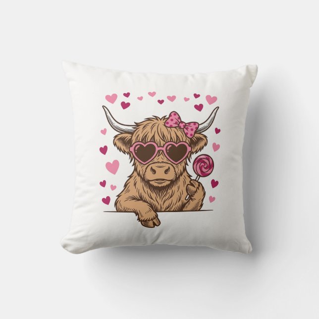 Söt Highland Ko Valentine Solglasögon Vector Desi Kudde (Framsida)