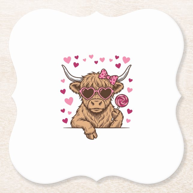 Söt Highland Ko Valentine Solglasögon Vector Desi Underlägg Papper (Framsida)