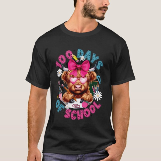 Söt Highlandko & båge 100 dagars skola T Shirt (Framsida)