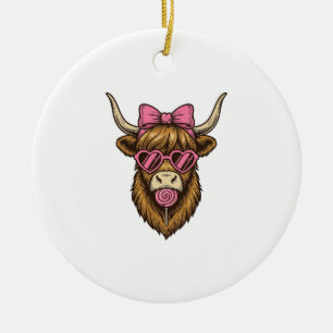 Söt Highlandko med rosa hjärtformade glasögon Vect Julgransprydnad Keramik