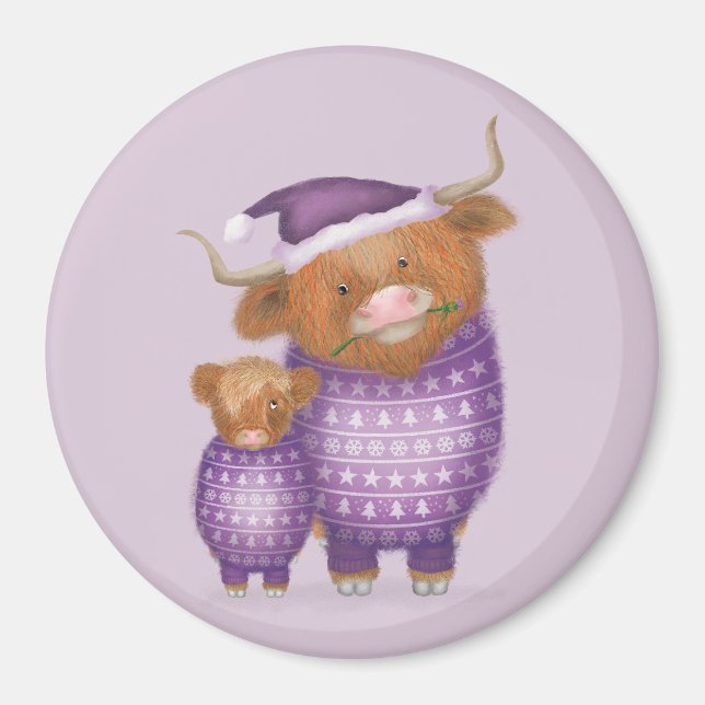 Söt Highlandko och kalv julmagnet Magnet (Framsidan)