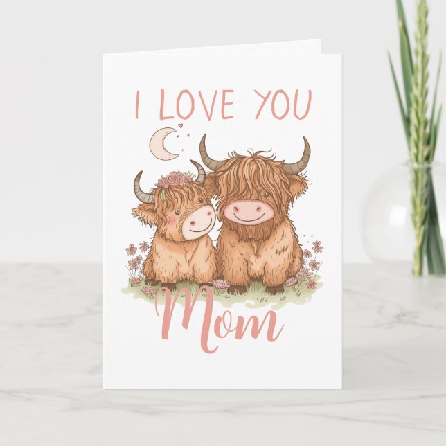 Söt Highlandko och Mamma Jag älskar dig Mors dag Kort (Framsida)