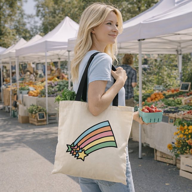 Söt himmelsk Kawaii stjärna grafik Tygkasse (A tote bag with pastel shooting stars and a rainbow)