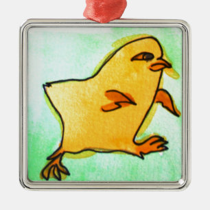 Söt hippa påskkyckling retro illustration julgransprydnad metall