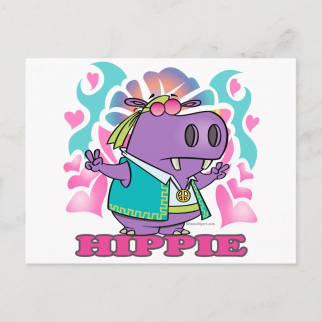 Söt hippie hippo-tecknad med text vykort (Framsida)