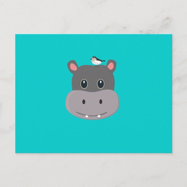 Söt hippo med fågel vykort (Framsida)