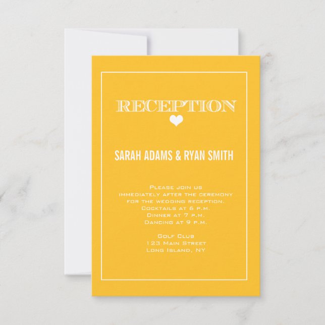 Söt hjärtlig gul bröllopsmottagningsinbjudan inbjudningar (Framsida)