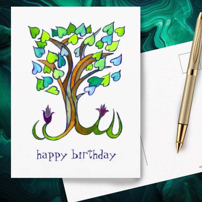 Söt Hjärtträd GLAD FÖDELSEDAG Anpassad Vykort (Pretty heart shaped leaves on this watercolor tree makes a cute custom birthday postcard)