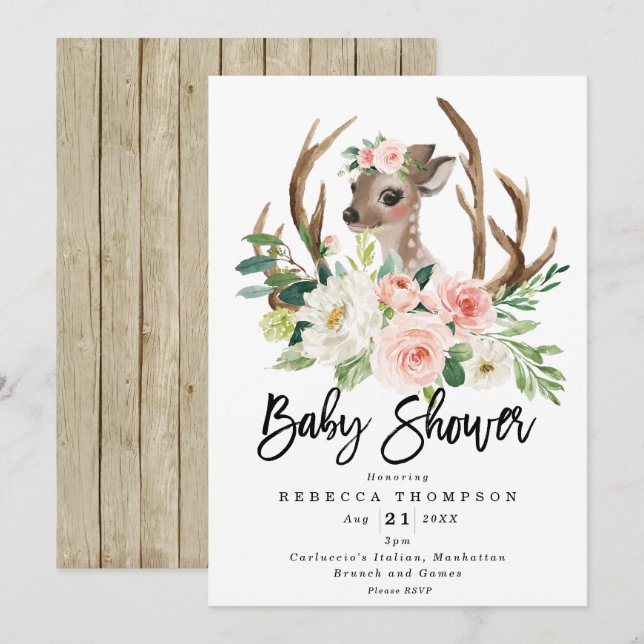 söt hjort blommigt modern babydusch inbjudningar (Fram/baksida)